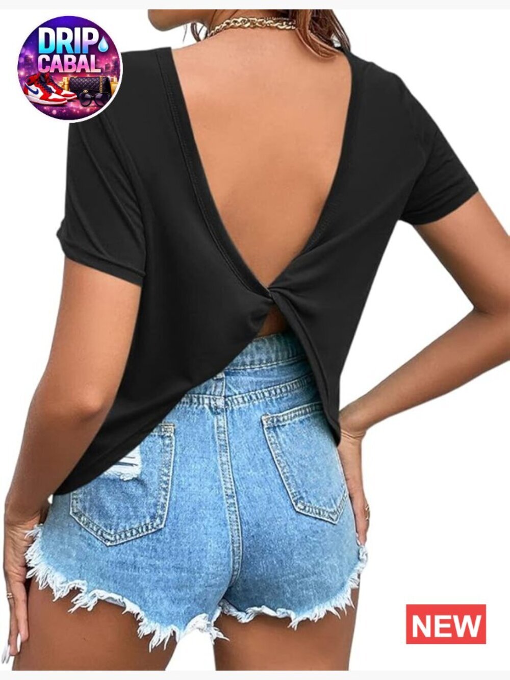 Twist Backless Short Sleeve Crew Neck Curved Hem Casual Workout Tee